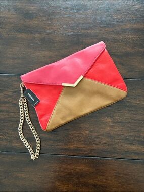 Express Colorblock Envelope Clutch in Red and Tan with Gold Accent